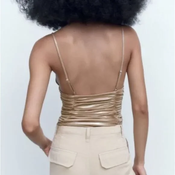 NWT Zara Metallic Gold Ruched Liquid Bodysuit with Cutout Medium 7818/384/303 - Picture 2 of 13